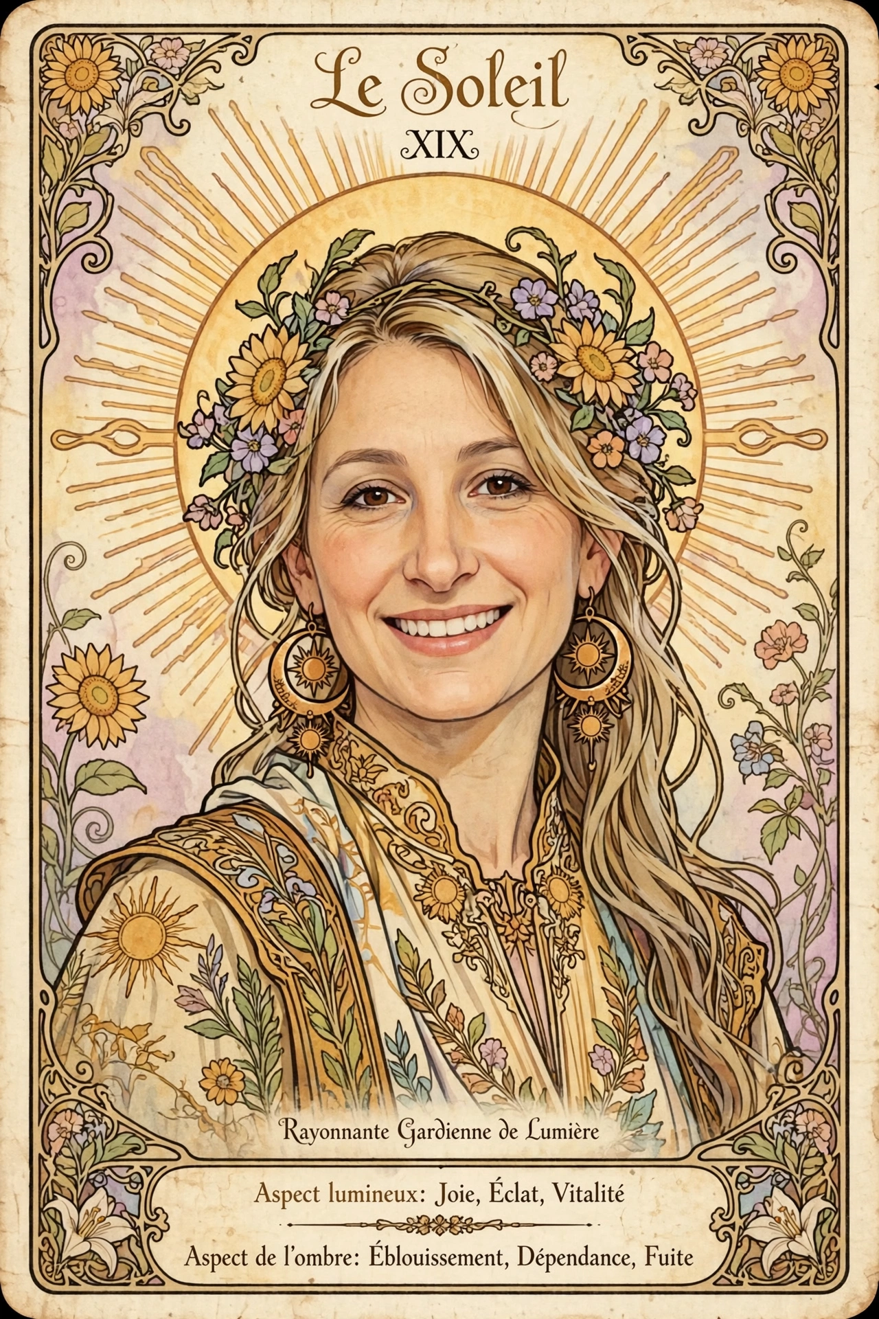 Illustration Art Nouveau de la carte Le Soleil (XIX) à l'effigie de Marina